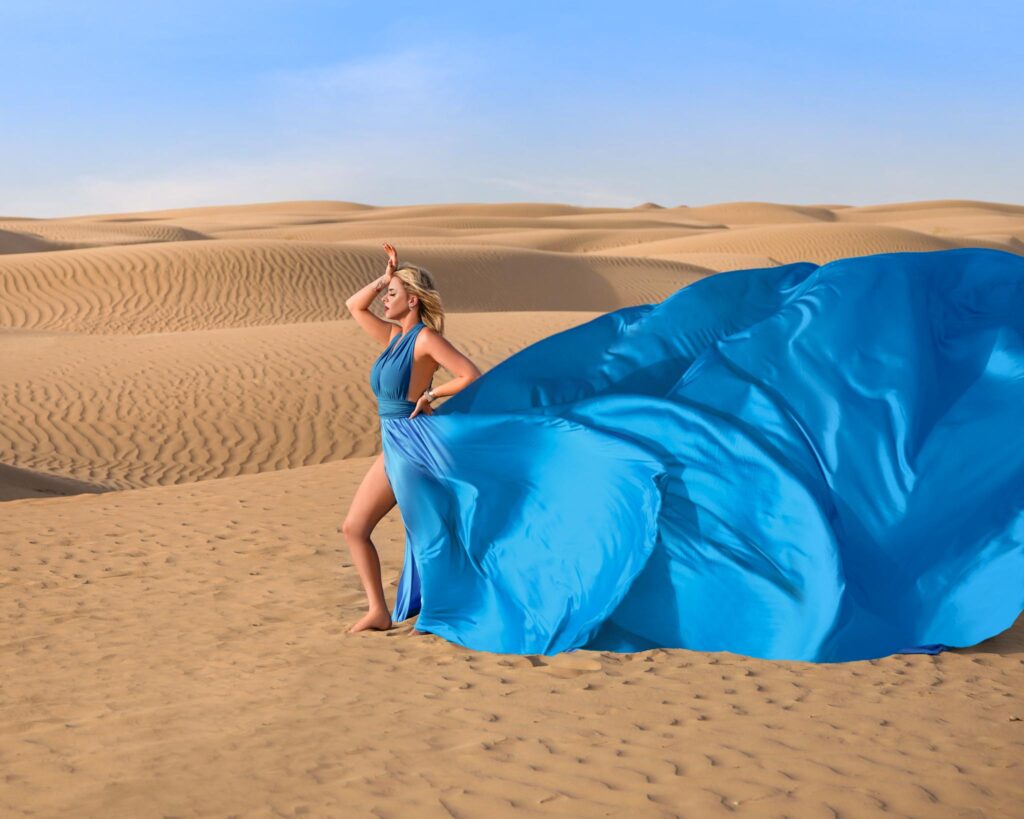 Dubai desert flying dress photoshoot